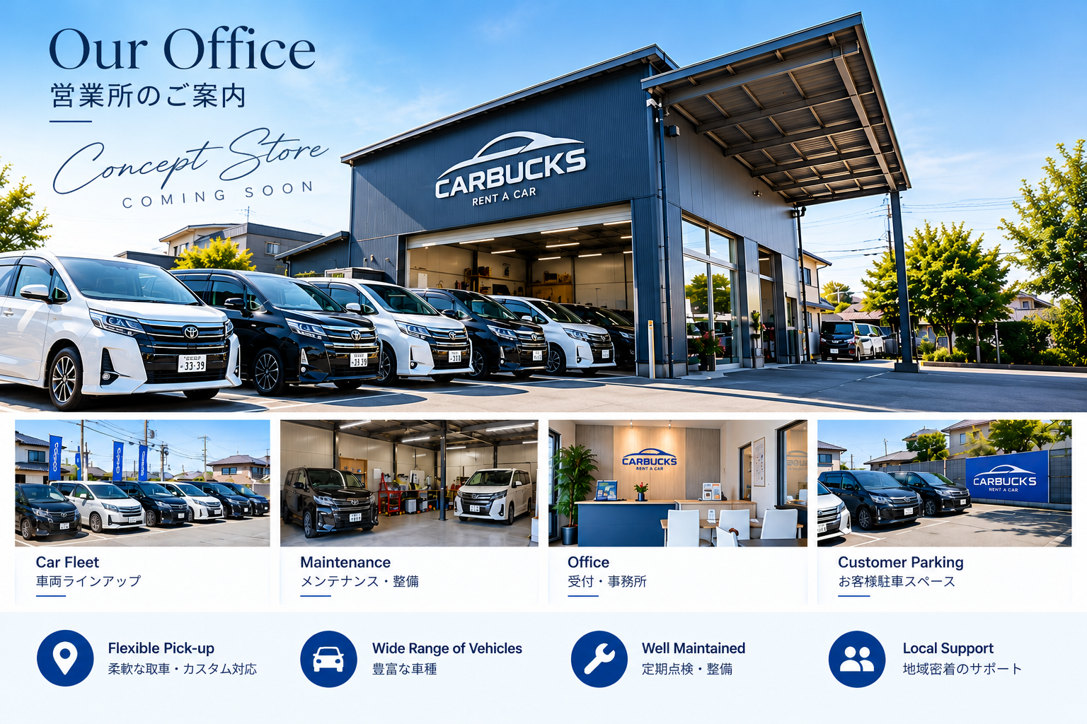 AI concept illustration of Carbucks fleet, maintenance, office and customer parking